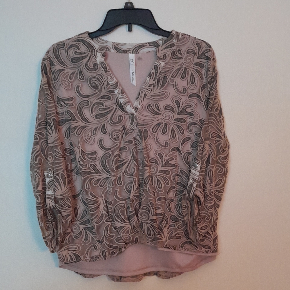 Floral Patterned Tan and Black Blouse